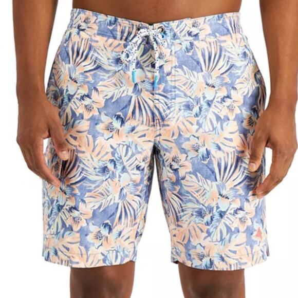 Tommy Bahama Baja Hacienda Swim Trunks Mens L Blue Orange Floral Print UPF 30